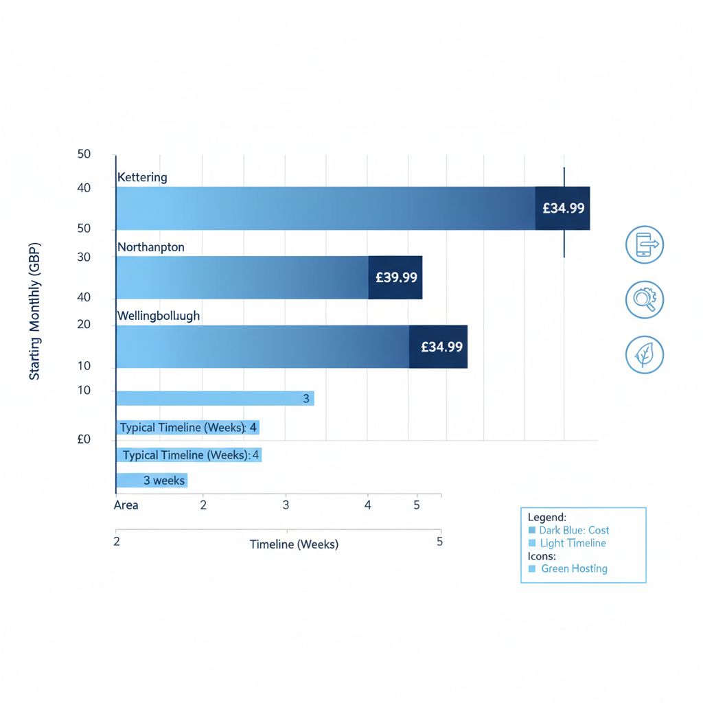Web Designer Kettering 1 Horizontal bar chart comparing web design monthly costs and timelines in Kettering, Northampton, and Wellingborough, highlighting features like responsive design, SEO, and green hosting.