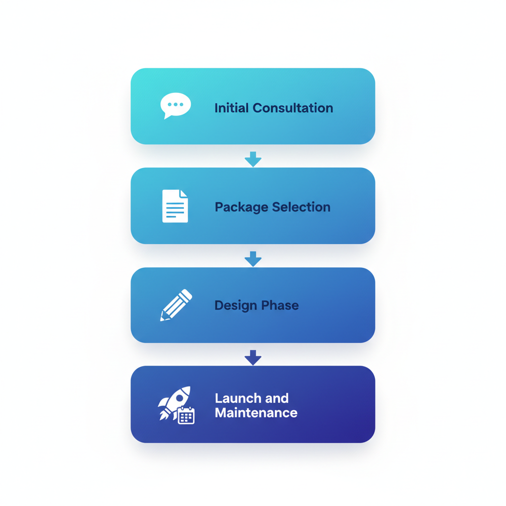 Web Designer Kettering 2 Vertical process flow diagram illustrating four key steps to launch a website with a Kettering designer, including consultation, selection, design, and launch phases.