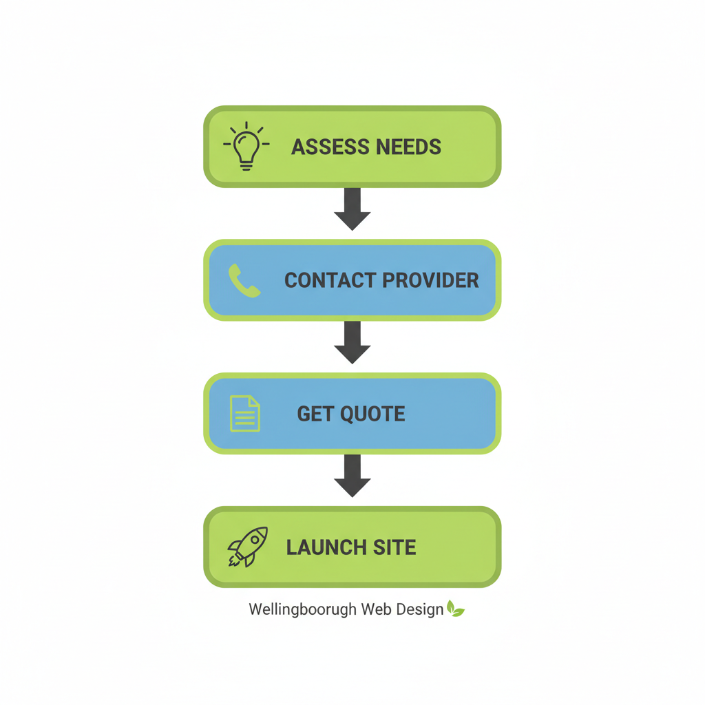 Web Design Wellingborough 2 Vertical process flow diagram outlining four steps to start web design in Wellingborough: assess needs, contact provider, get quote, launch site.