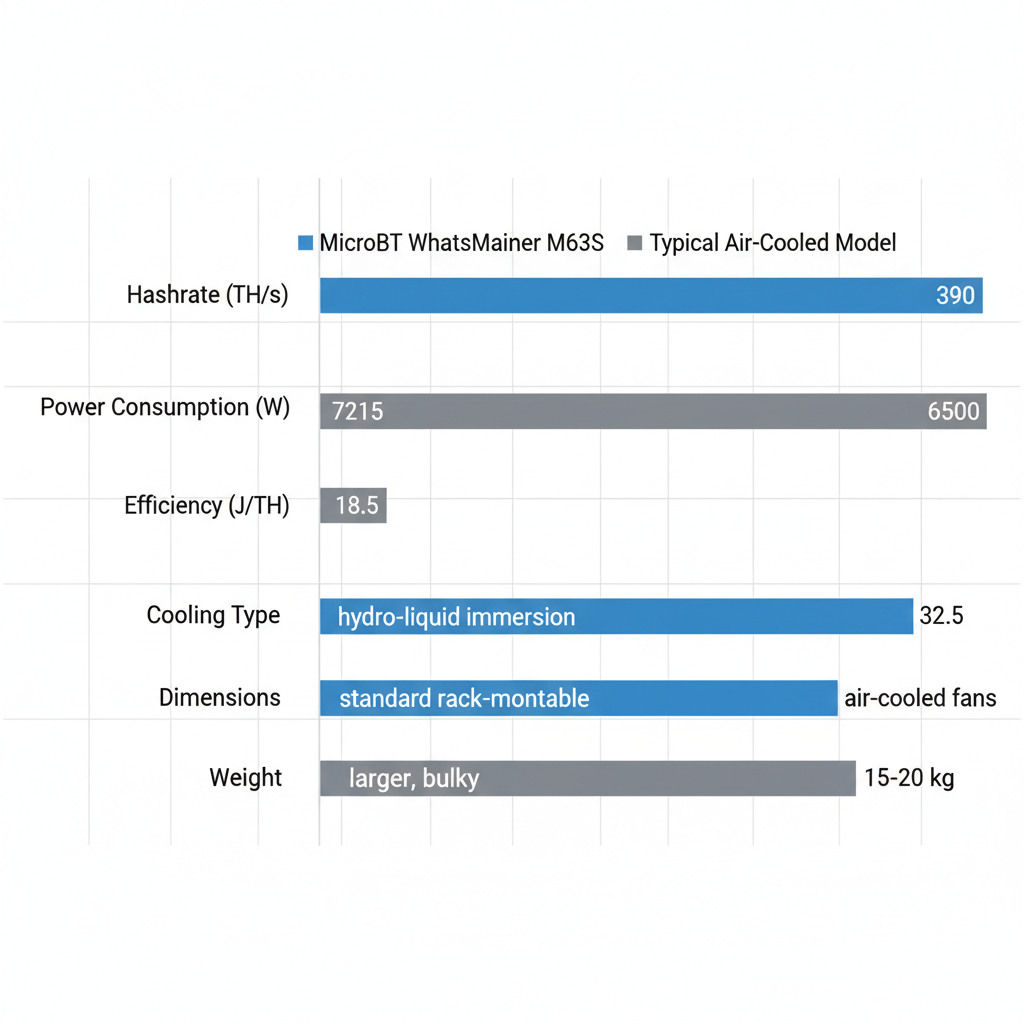 Horizontal bar chart comparing key specifications of WhatsMiner M63S Hydro versus air-cooled models