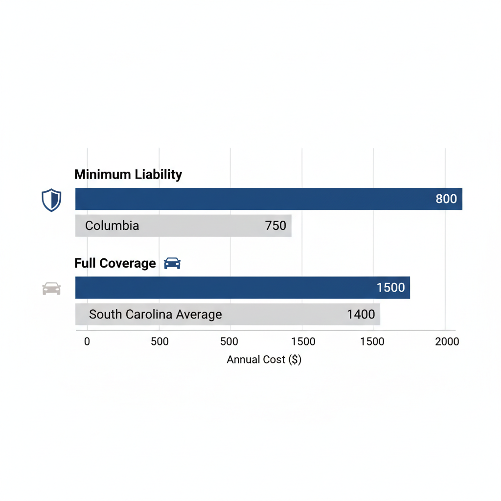 Horizontal bar chart comparing car insurance costs in Columbia and South Carolina, showing minimum liability and full coverage averages with icons and labels.