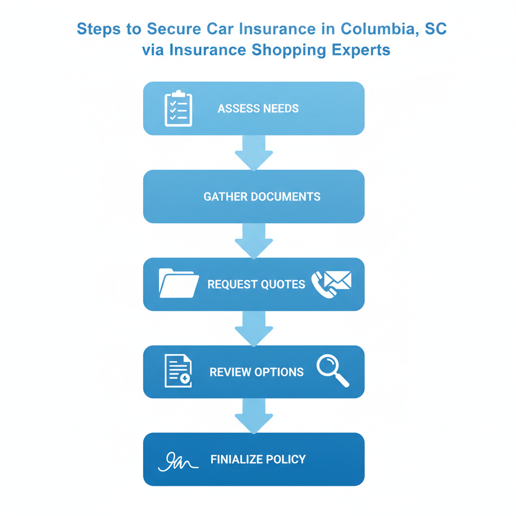 Vertical diagram illustrating five steps to secure car insurance in Columbia, South Carolina: assess needs, gather documents, request quotes, review options, and finalize policy.