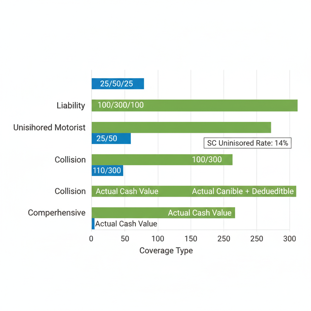 Horizontal bar chart comparing minimum and recommended auto insurance coverage in South Carolina