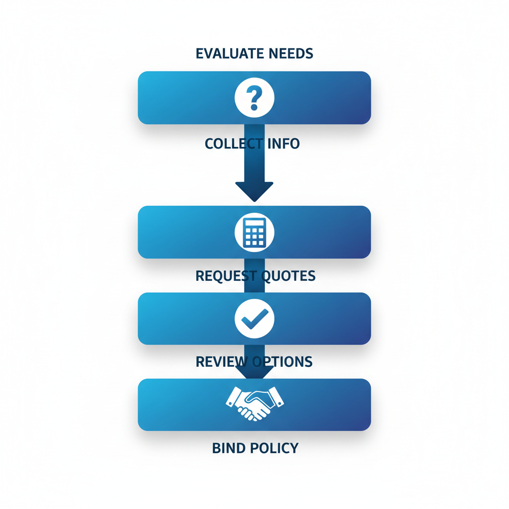 Vertical process flow diagram illustrating five steps to obtain auto insurance: evaluate coverage needs, collect driver and vehicle info, request multi-carrier quotes, review options and discounts, bind policy and set payments.