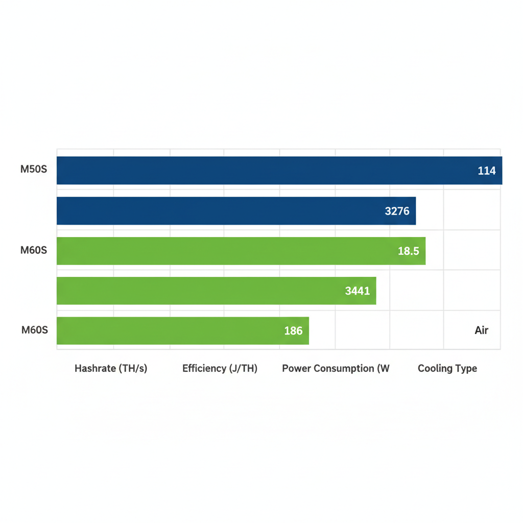Horizontal bar chart comparing specifications of Whatsminer M50S and M60S air-cooled miners including hashrate, efficiency, power, and cooling.