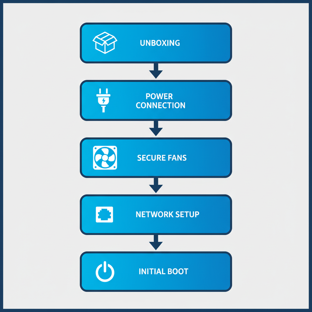 Vertical process flow illustrating five setup stages for MicroBT WhatsMiner air miners: unboxing, power connection, securing fans, network setup, and initial boot with icons.