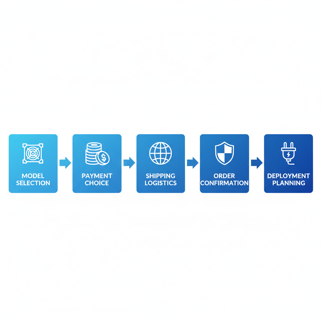 Horizontal process flow diagram showing five steps for purchasing and deploying WhatsMiners from a China-based e-commerce store