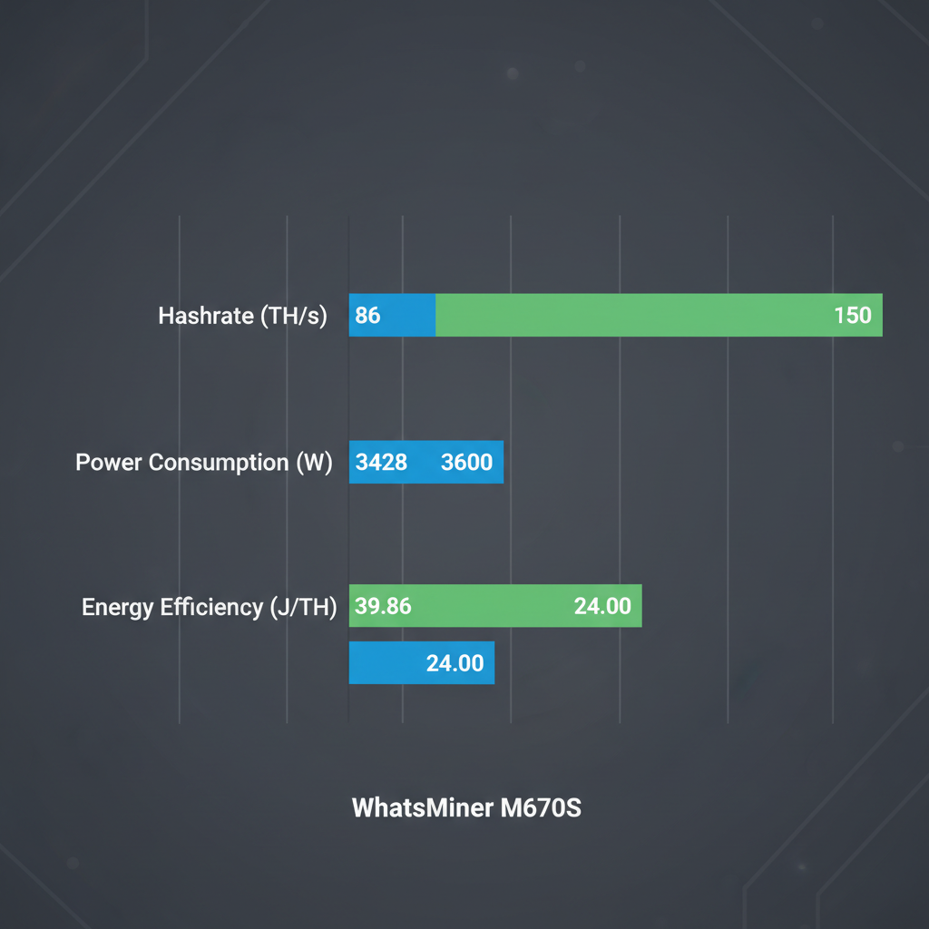 Horizontal bar chart comparing hashrate, power consumption, and energy efficiency of WhatsMiner M60S and M70 ASIC miners