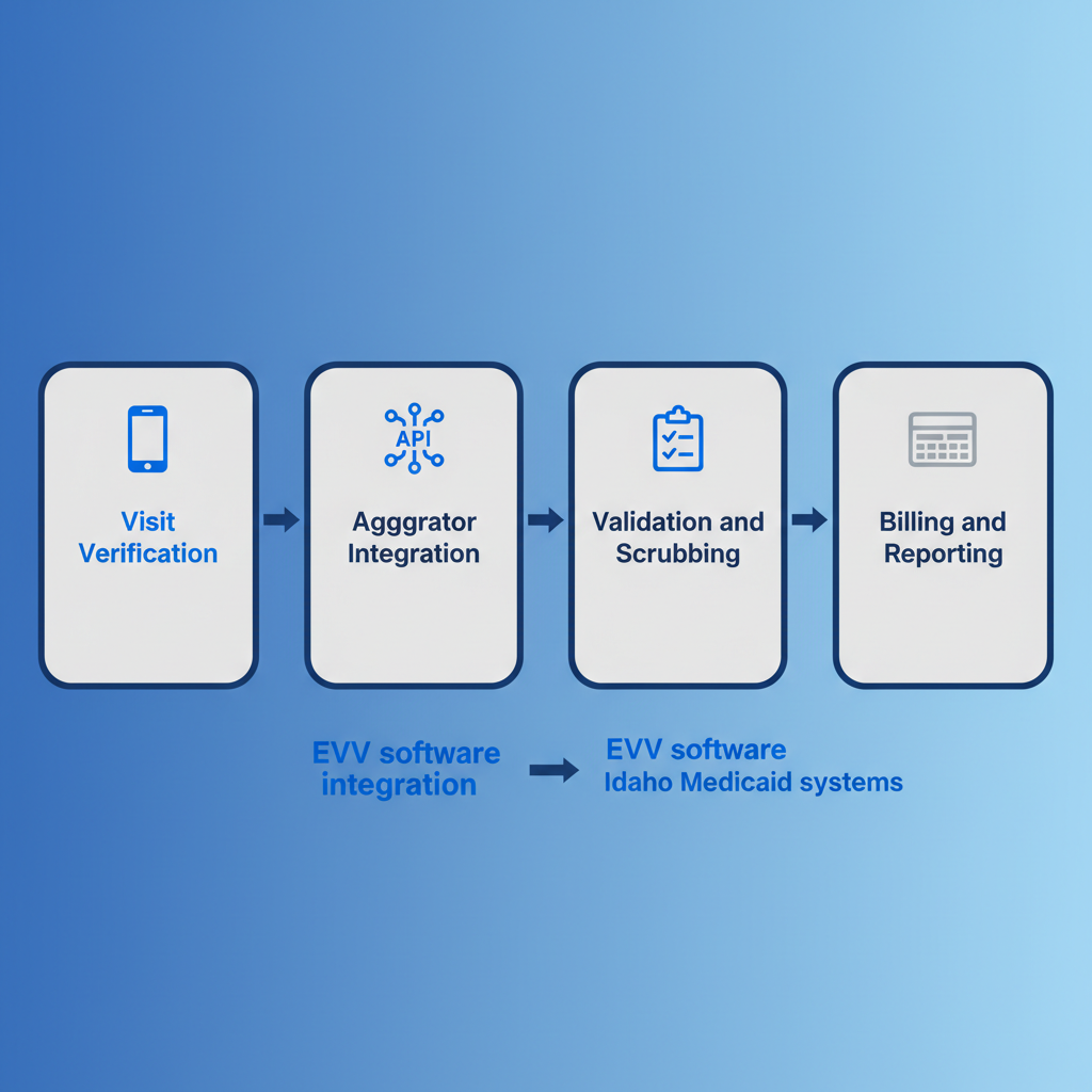 Horizontal process flow diagram showing four steps of EVV software integration with Idaho Medicaid systems: Visit Verification, Aggregator Integration, Validation and Scrubbing, Billing and Reporting.