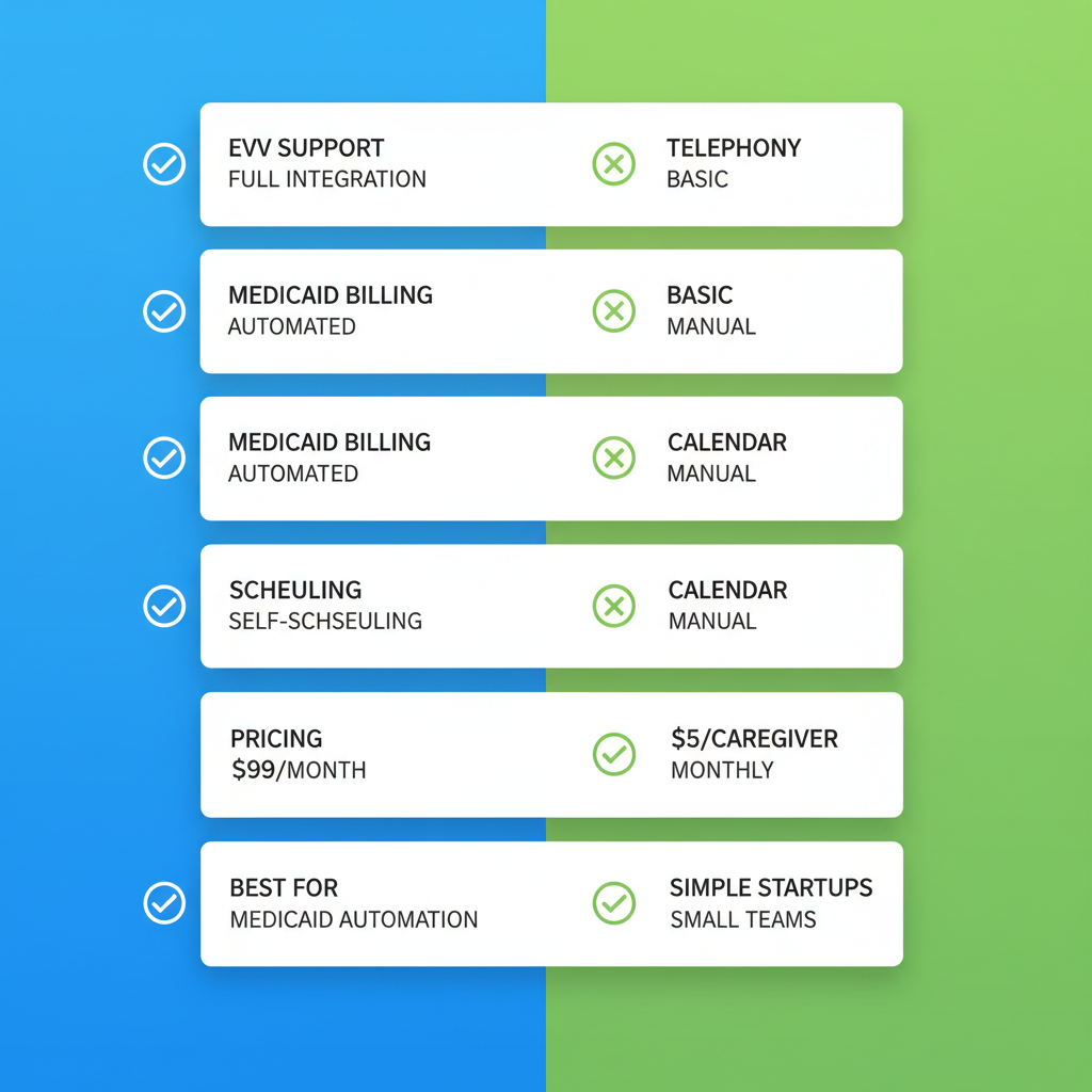Infographic showing side-by-side comparison of Carehandler and AxisCare home care software features including EVV, billing, and scheduling.
