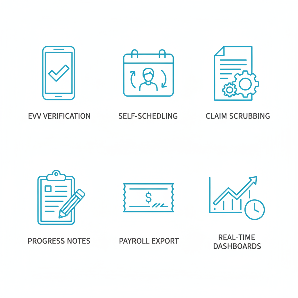 Set of six outline icons in teal blue illustrating Carehandler platform features: EVV verification, self-scheduling, claim scrubbing, progress notes, payroll export, and real-time dashboards for home care agencies.
