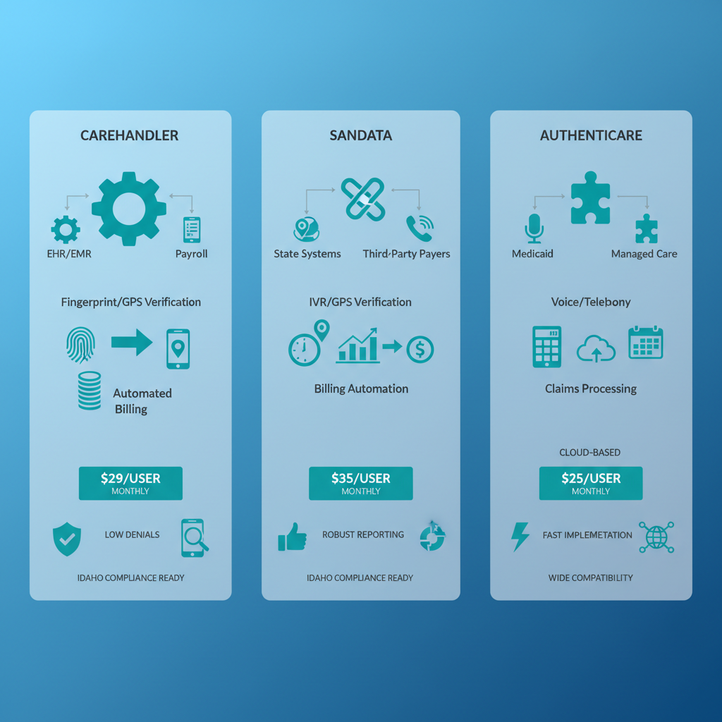 Infographic comparing Carehandler, Sandata, and AuthentiCare EVV software features, pricing, and pros for Idaho agencies