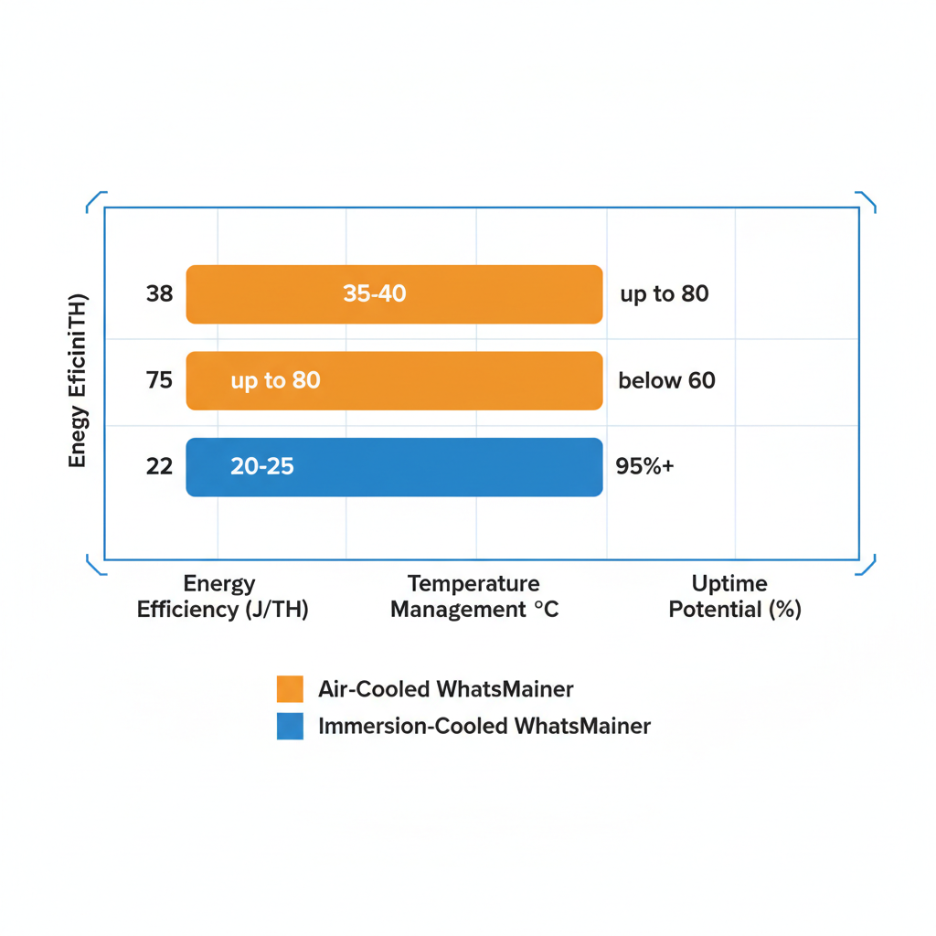 Bar chart comparing efficiency metrics of air-cooled versus immersion-cooled WhatsMiner models