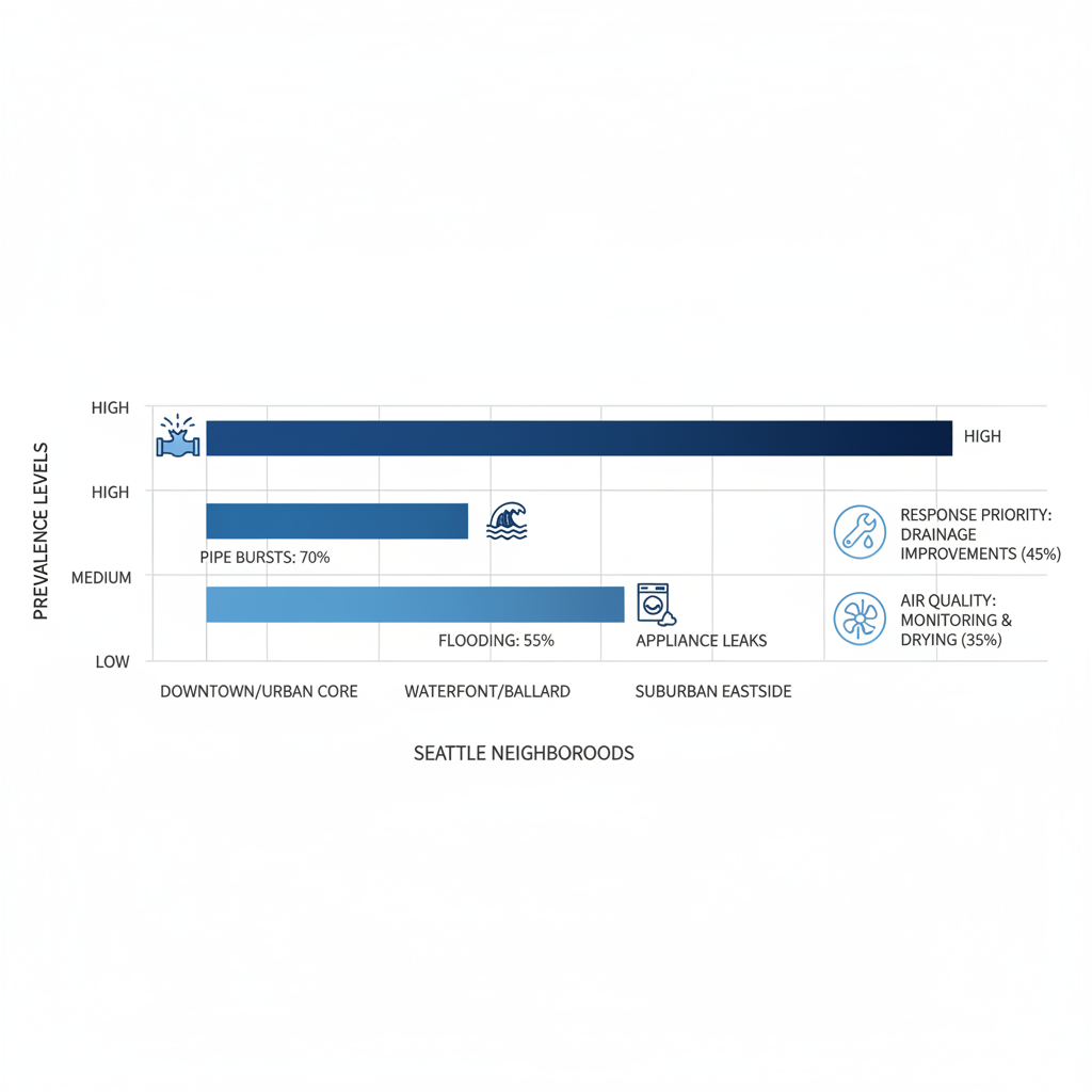Horizontal bar chart comparing water damage prevalence in Seattle neighborhoods with icons for common causes