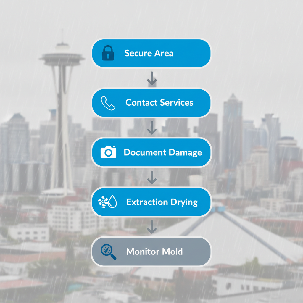 Vertical process flow diagram illustrating five key steps for initiating water damage restoration services in Seattle