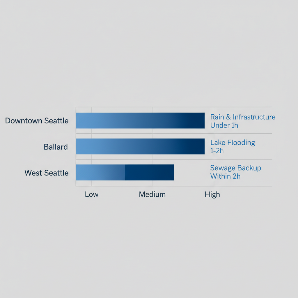 Horizontal bar chart depicting water damage risk severity in Seattle neighborhoods: Downtown, Ballard, and West Seattle, with causes and response times.