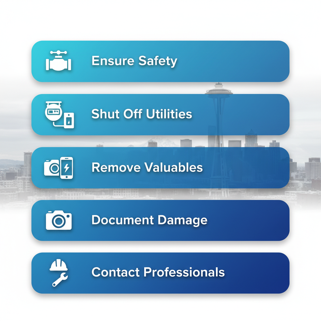 Vertical process flow diagram showing five key steps for responding to water damage in Seattle