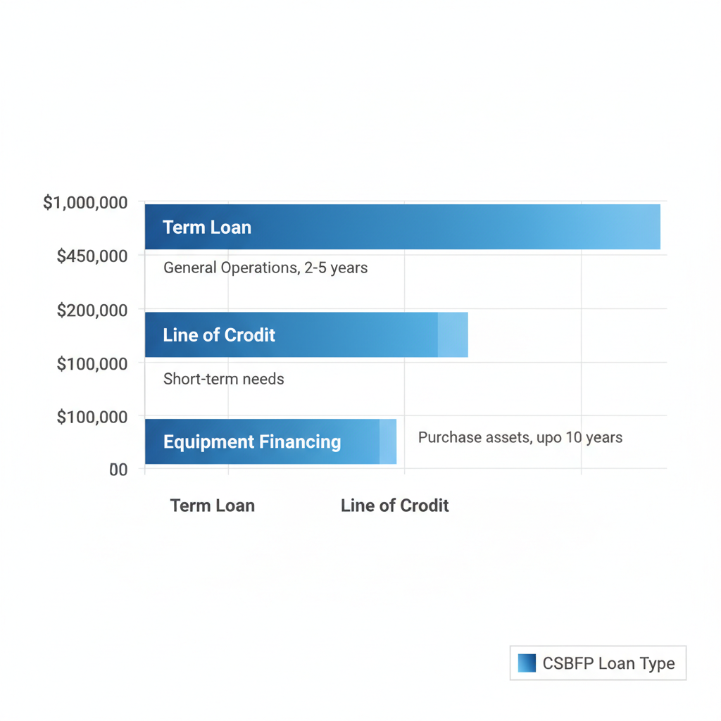Horizontal bar chart comparing typical amounts for small business loan types including term loans, lines of credit, and equipment financing in Canada