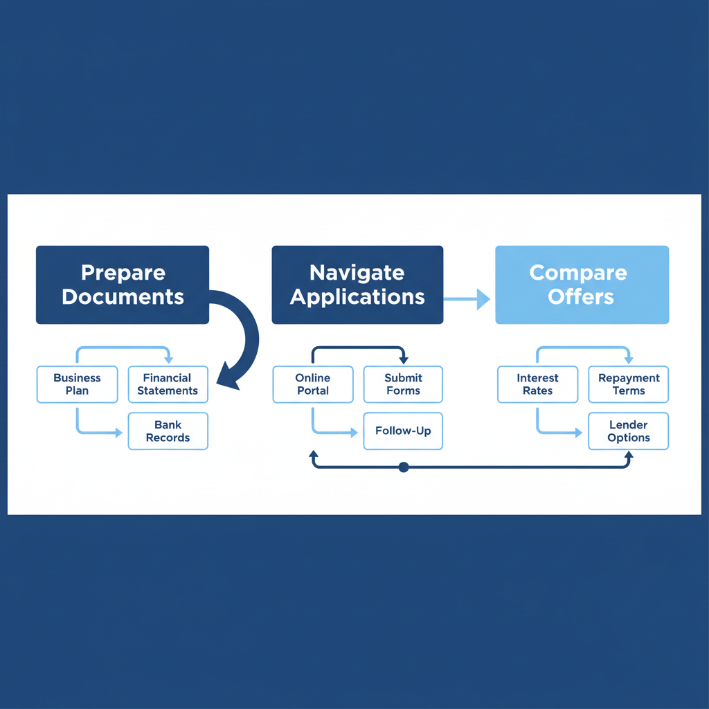 Horizontal process flow diagram illustrating key steps for applying for business loans in Canada: prepare documents, navigate applications, and compare offers.