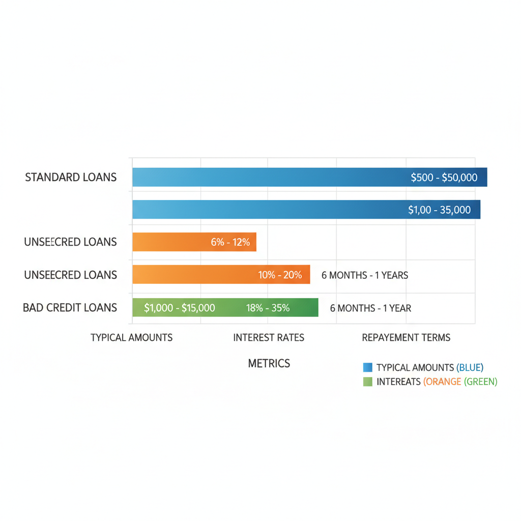 Horizontal bar chart comparing key features of standard, unsecured, and bad credit personal loans in Canada, showing amounts, rates, and terms.