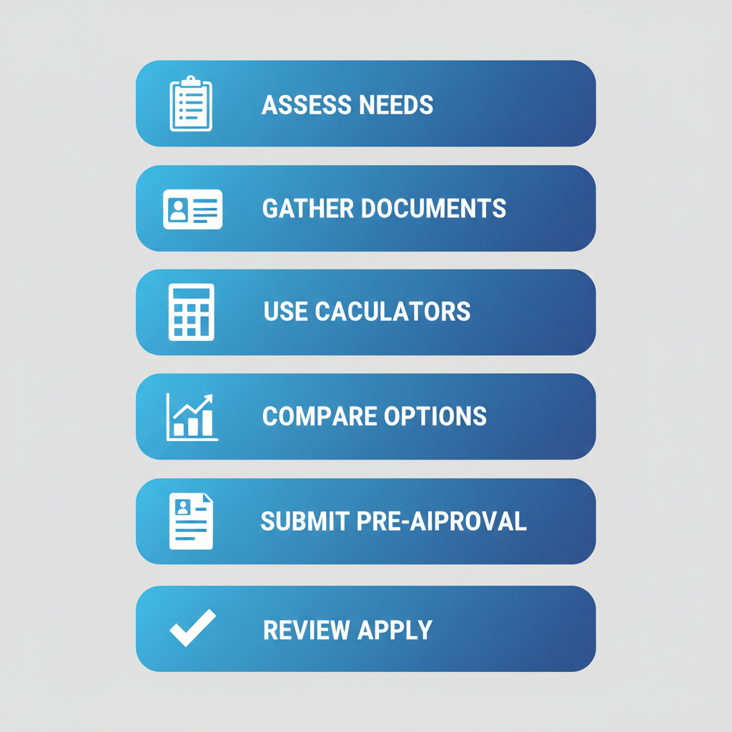Vertical process flow diagram showing six steps to apply for personal loans in Ontario with icons and labels.