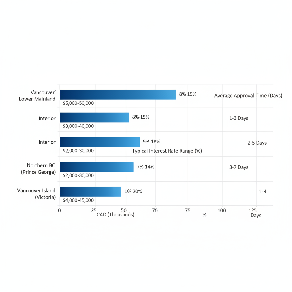 Horizontal bar chart comparing personal loan metrics including average amounts, interest rates, and approval times across four British Columbia regions