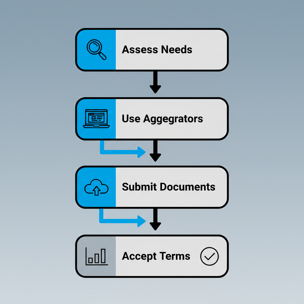 Vertical process flow diagram illustrating the five key steps to apply for a personal loan in British Columbia: assess needs and credit, use aggregators for quotes, submit documents, review and compare offers, accept terms and plan repayment.
