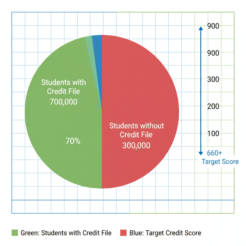 Pie chart illustrating credit file statistics for Canadian students under 25, showing 70% with files and 30% without, plus credit score scale targeting 660+.