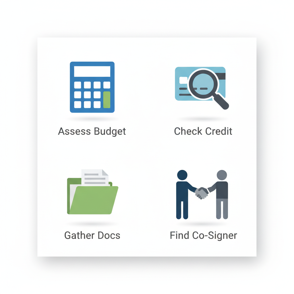 Grid of four icons showing steps for student car loan preparation: assessing budget, checking credit, gathering documents, and finding a co-signer.