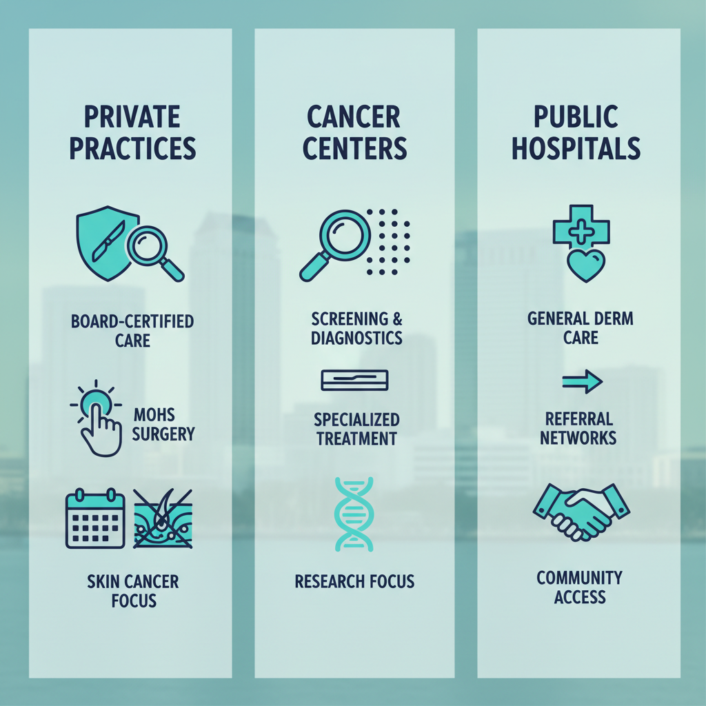Infographic comparing private dermatology practices, specialized cancer centers, and public hospitals in Tampa, Florida