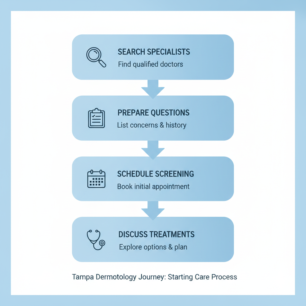 Vertical process flow diagram showing four steps to begin dermatology care in Tampa