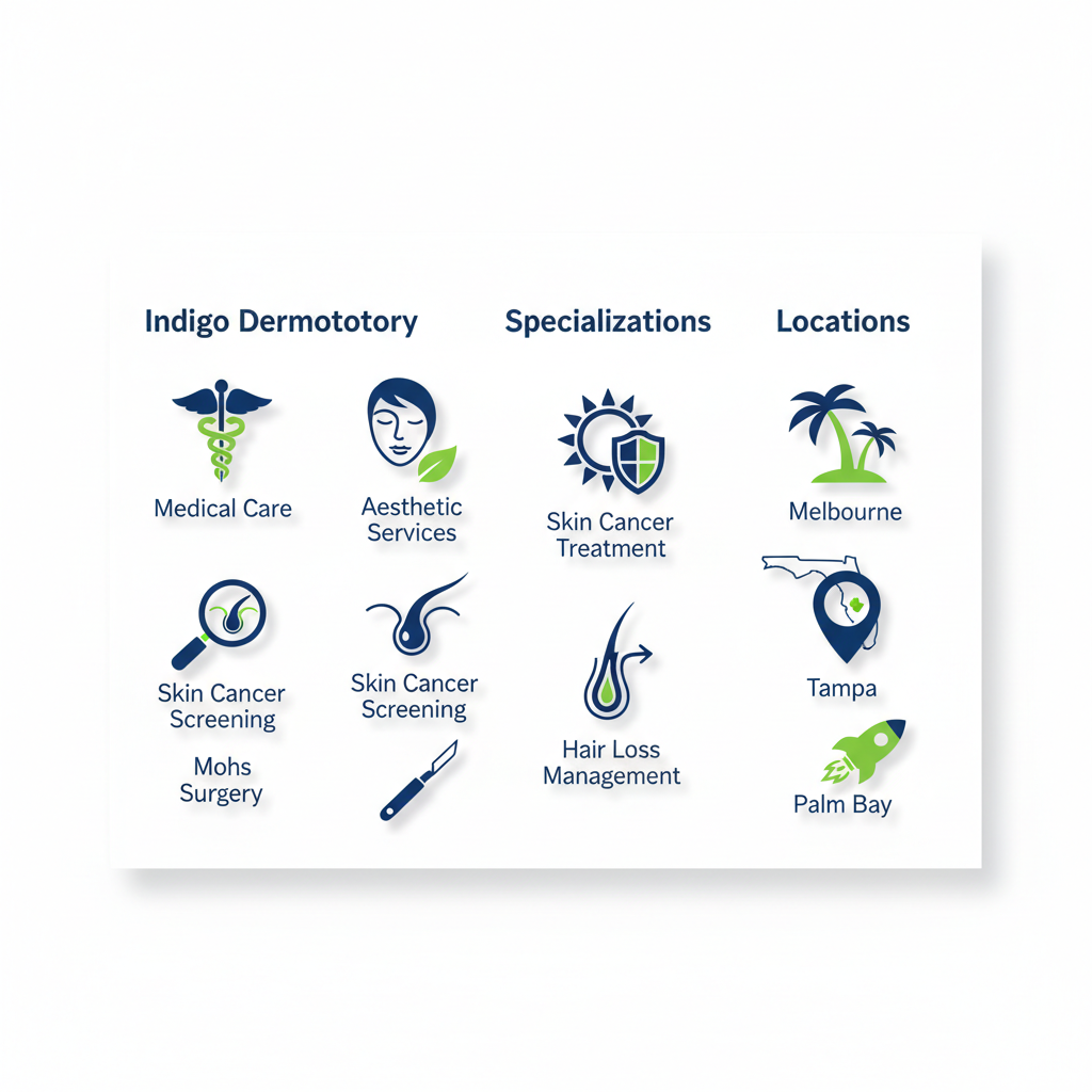 Infographic comparing dermatology services and locations in Tampa, Florida, highlighting Indigo Dermatology.