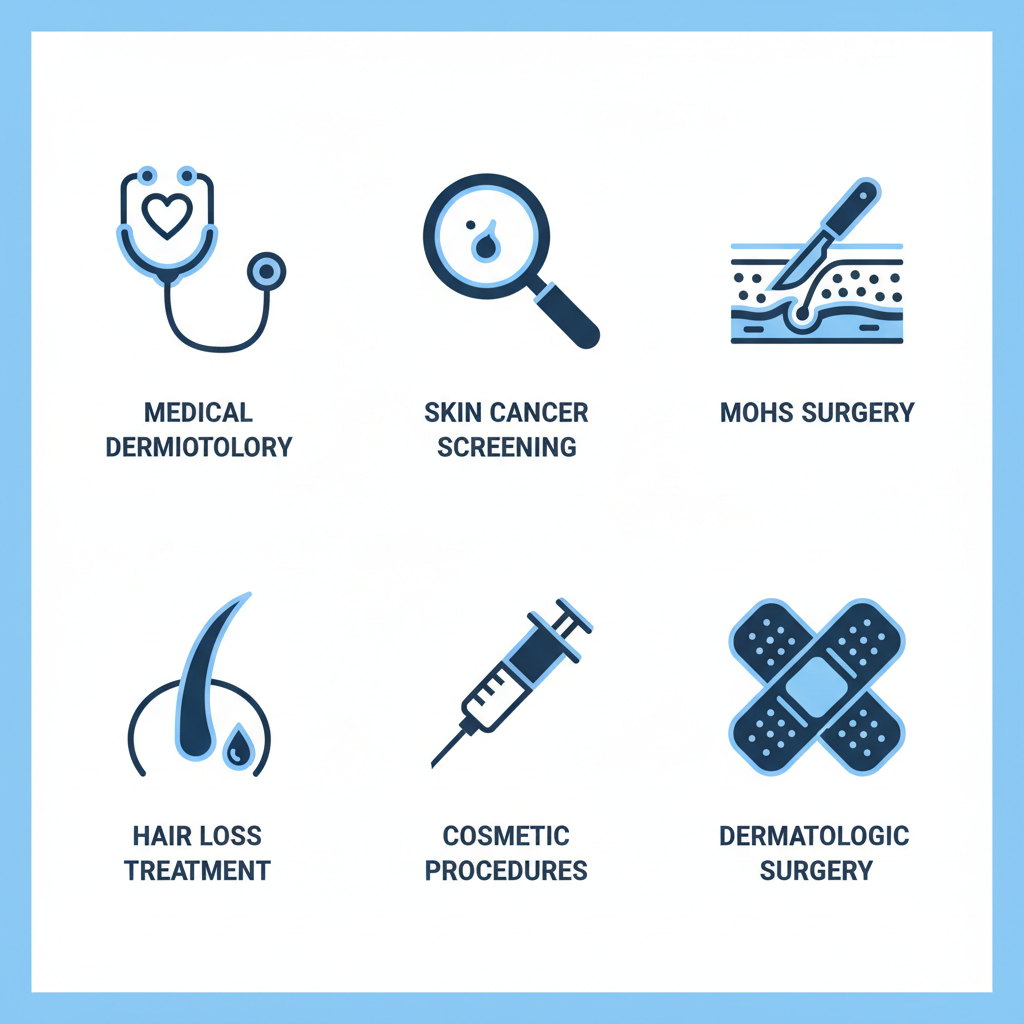 Grid of icons representing dermatology services including medical care, skin cancer screening, Mohs surgery, hair loss treatment, cosmetic procedures, and dermatologic surgery.