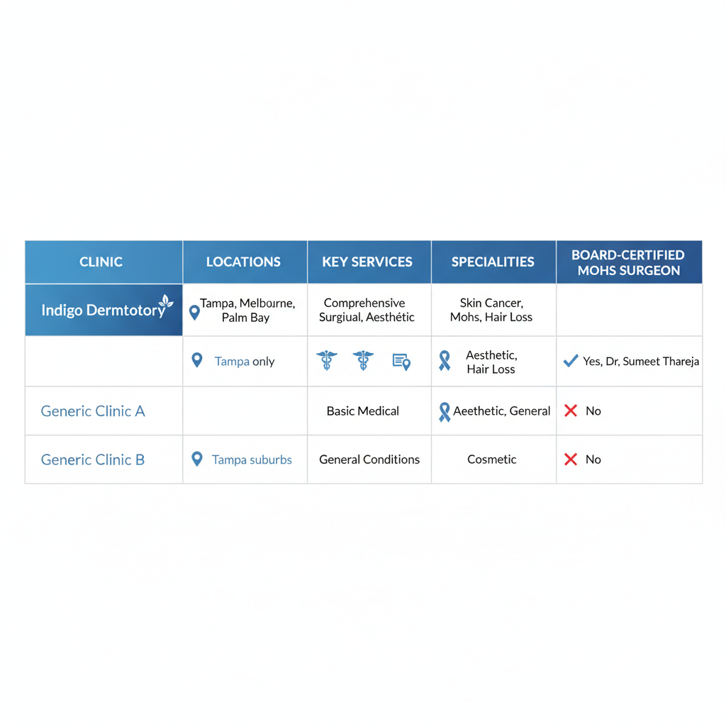Infographic table comparing dermatology clinics in Tampa, highlighting Indigo Dermatology's services and expertise