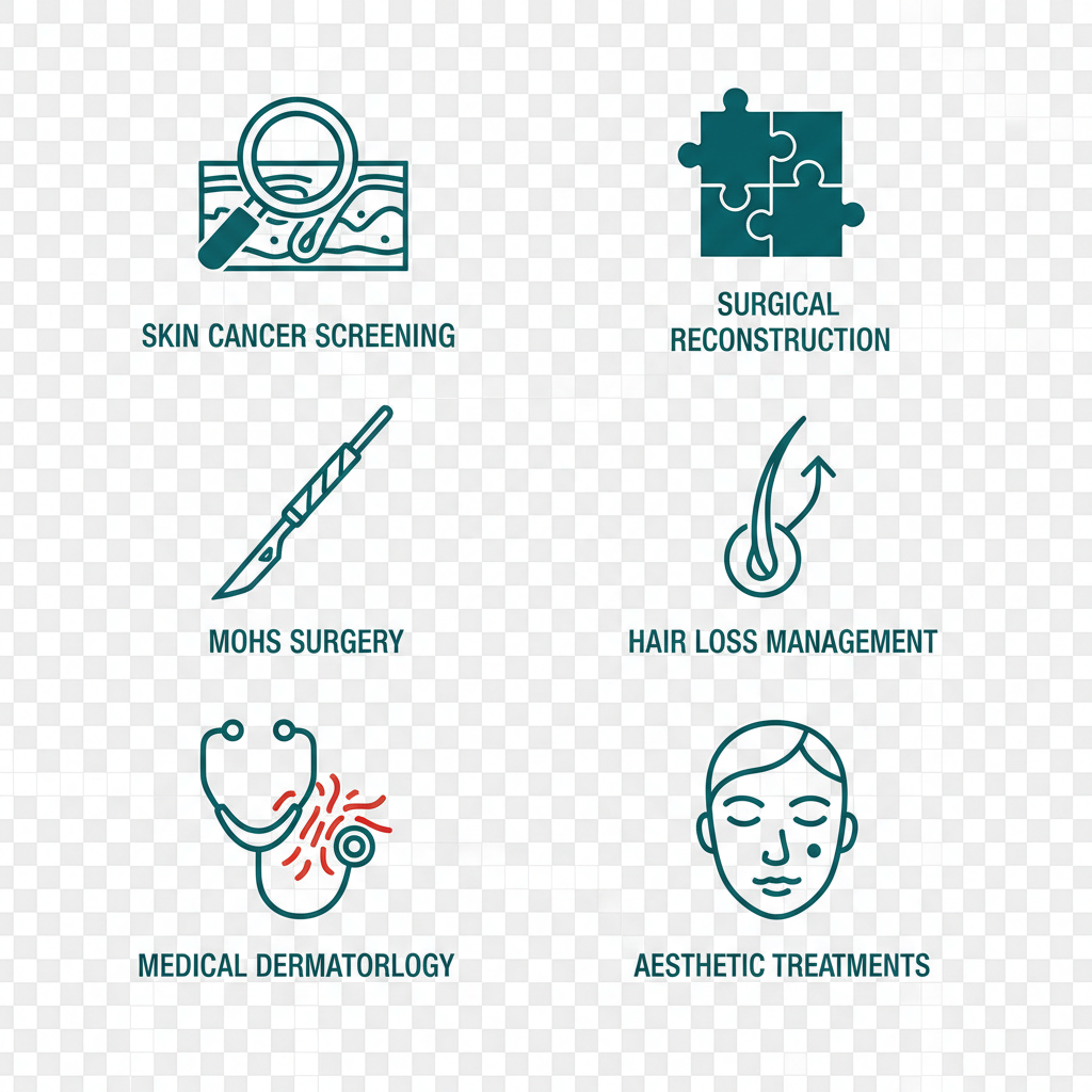 Set of six modern icons representing key dermatology services including skin cancer screening, Mohs surgery, medical dermatology, surgical reconstruction, hair loss management, and aesthetic treatments.