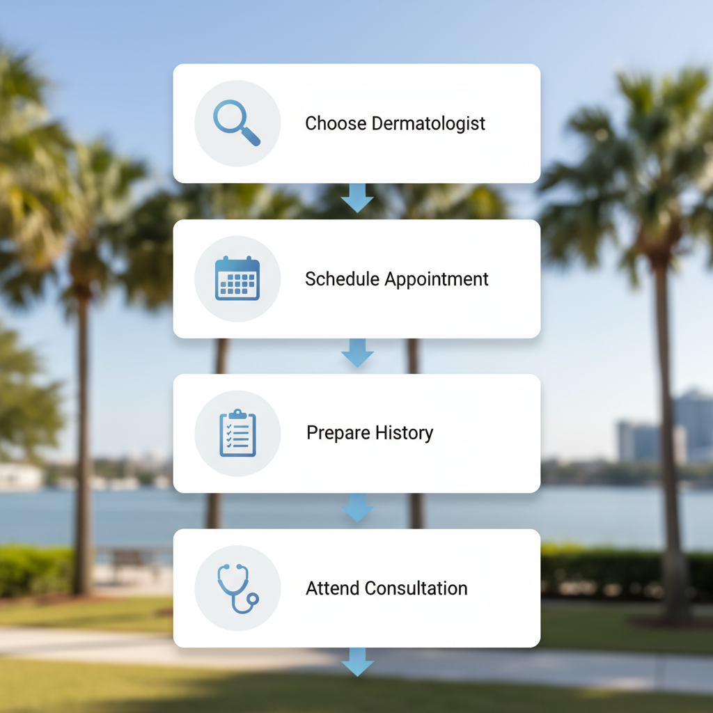 Vertical process flow diagram illustrating four steps to start dermatology care: choosing a board-certified dermatologist, scheduling an appointment, preparing symptoms and history, and attending consultation.