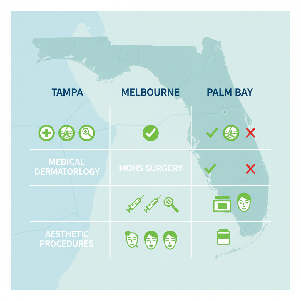 Infographic comparing availability of medical dermatology, Mohs surgery, and aesthetic procedures in Tampa, Melbourne, and Palm Bay.