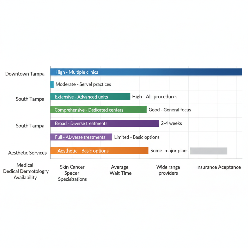 Horizontal bar chart comparing dermatology services availability in Downtown Tampa, South Tampa, and New Tampa neighborhoods.