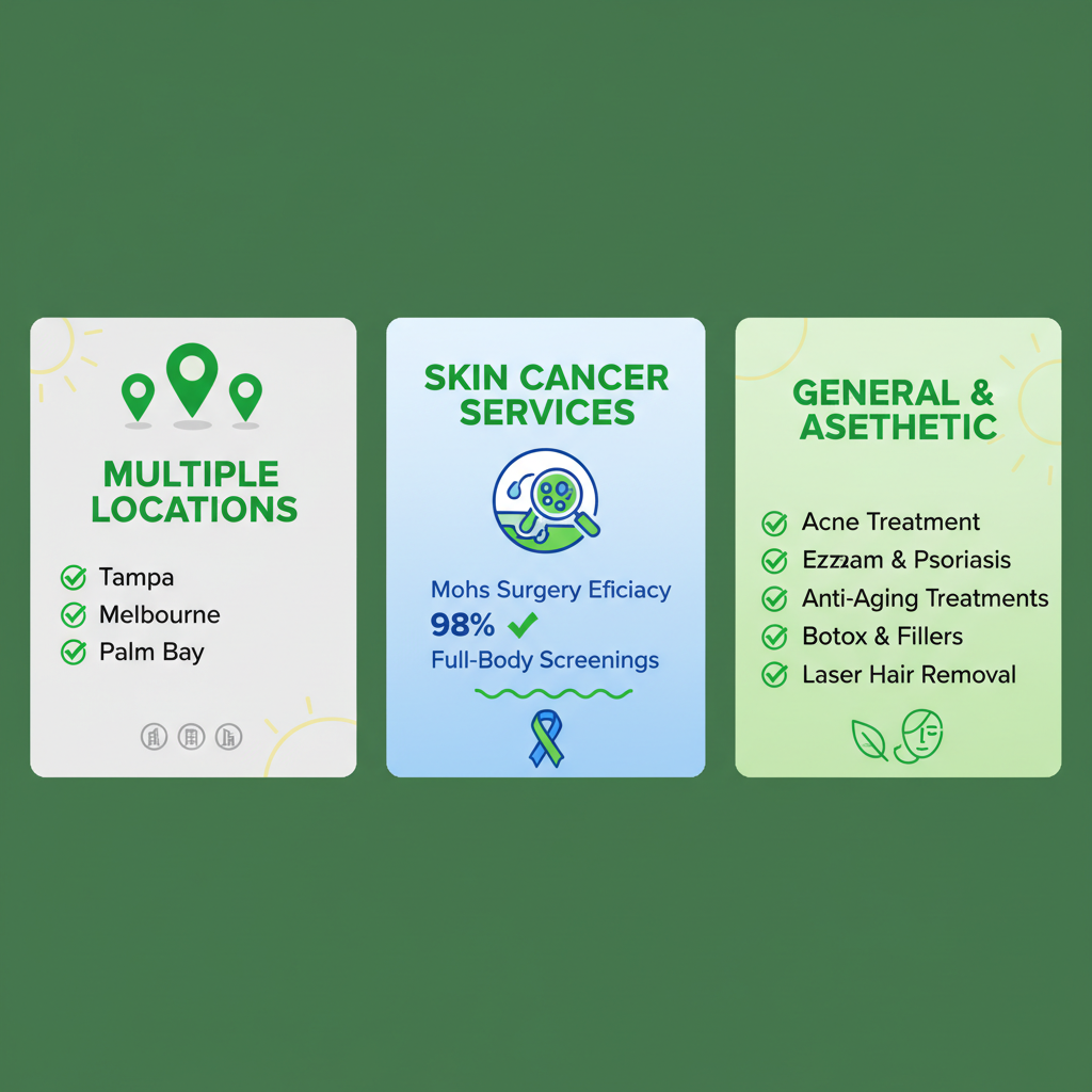 Infographic comparing dermatology clinics and services in Tampa with icons and checklists