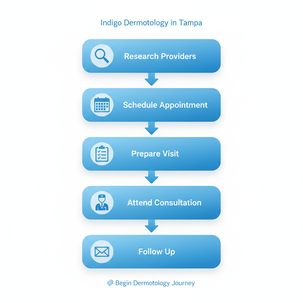 Vertical process flow diagram illustrating five steps to start dermatology care: research providers, schedule appointment, prepare for visit, attend consultation, and follow up.