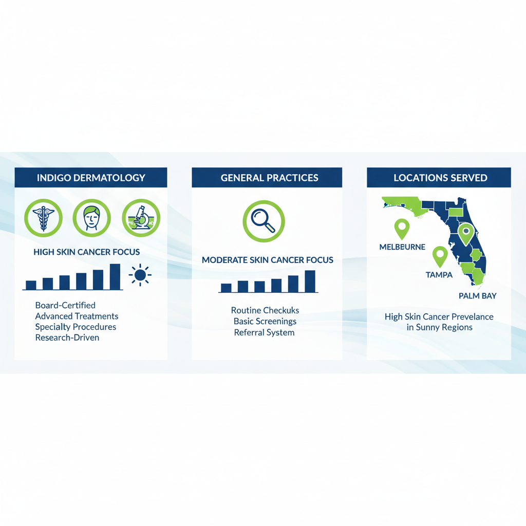 Infographic comparing Indigo Dermatology's specialized services to general practices in Melbourne, FL, emphasizing Mohs surgery, skin cancer focus, and central Florida locations