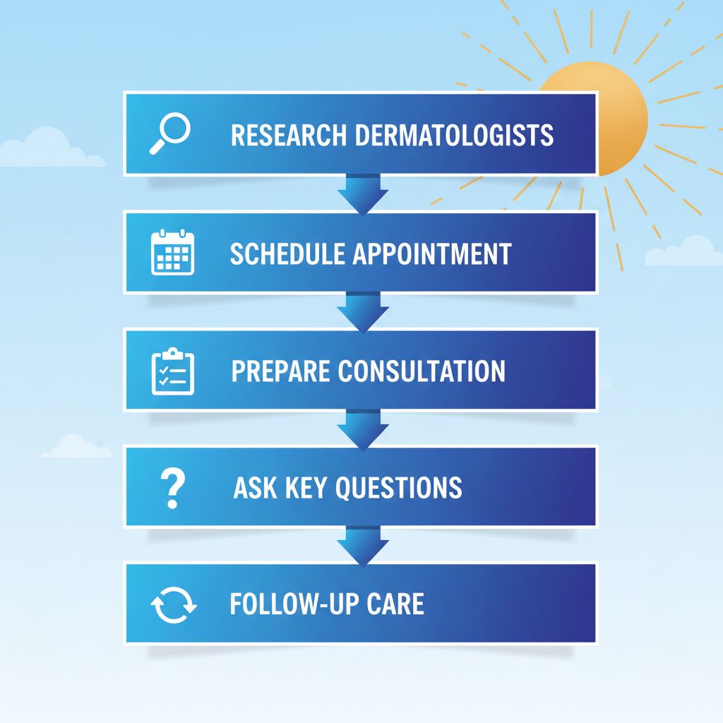 Vertical process flow diagram showing five steps to start dermatology treatment in Melbourne, Florida, with icons and blue design.