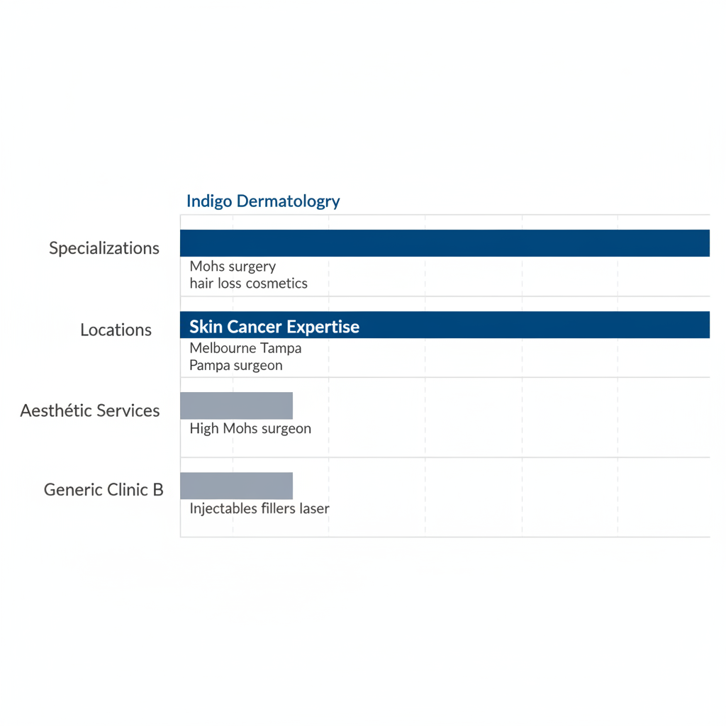 Horizontal bar chart comparing dermatology clinics in Tampa, Florida, highlighting Indigo Dermatology's strengths in specializations, locations, skin cancer expertise, and aesthetic services.