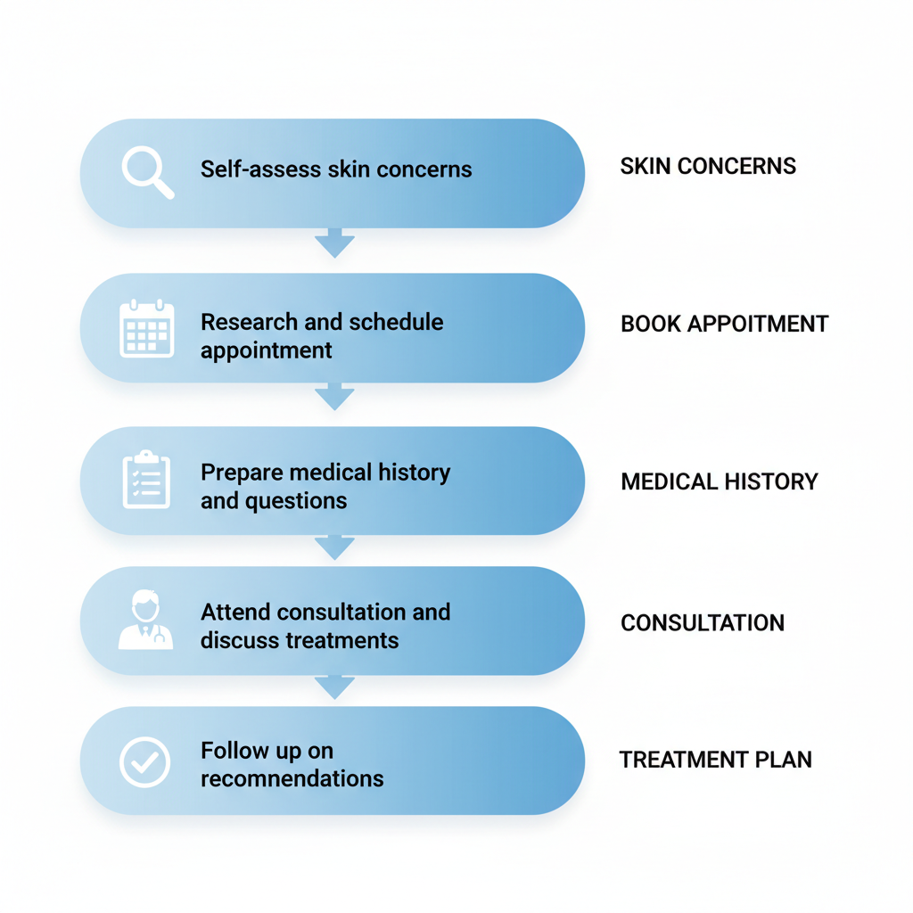 Vertical process flow diagram showing five steps to begin dermatology care in Tampa with icons and brief labels.