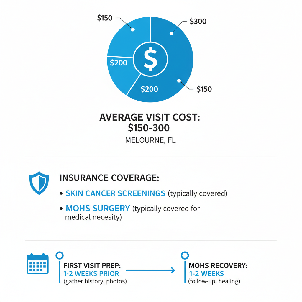 Infographic showing costs, insurance coverage, and preparation timeline for dermatology services in Melbourne, Florida