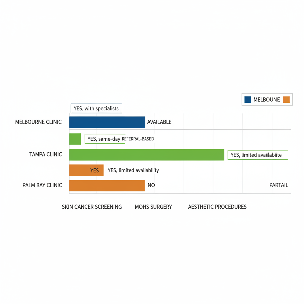 Horizontal bar chart comparing availability of dermatology services including skin cancer screening, Mohs surgery, and aesthetic procedures across Melbourne, Tampa, and Palm Bay clinics.