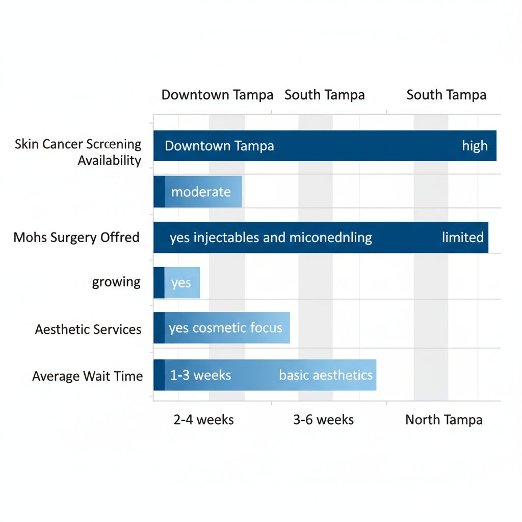 Horizontal bar chart comparing availability of dermatology services including skin cancer screening, Mohs surgery, aesthetic services, and wait times across Tampa neighborhoods: Downtown, South, and North Tampa.