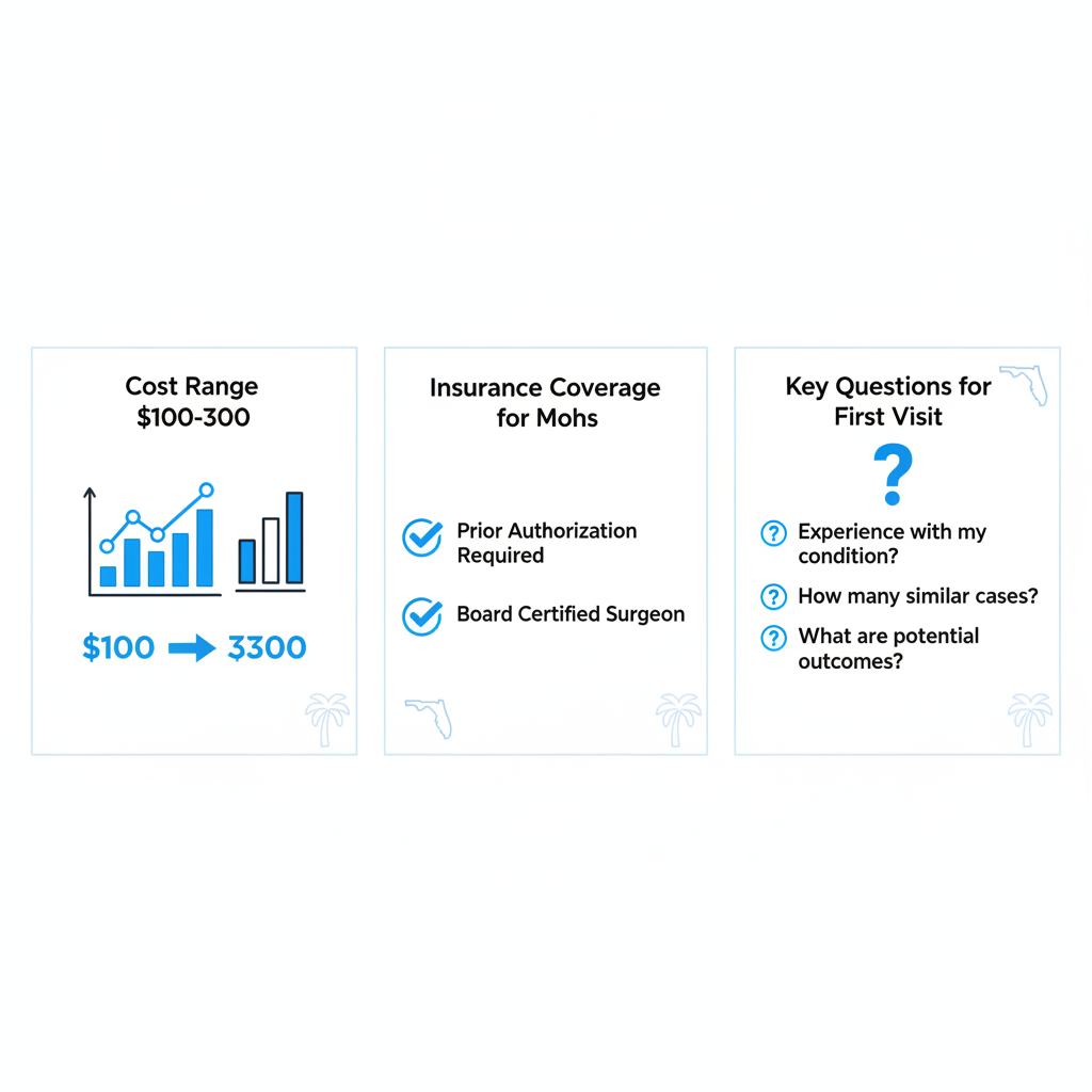 Infographic illustrating key considerations for dermatology services in Tampa including costs, insurance coverage, and important questions for initial visits.