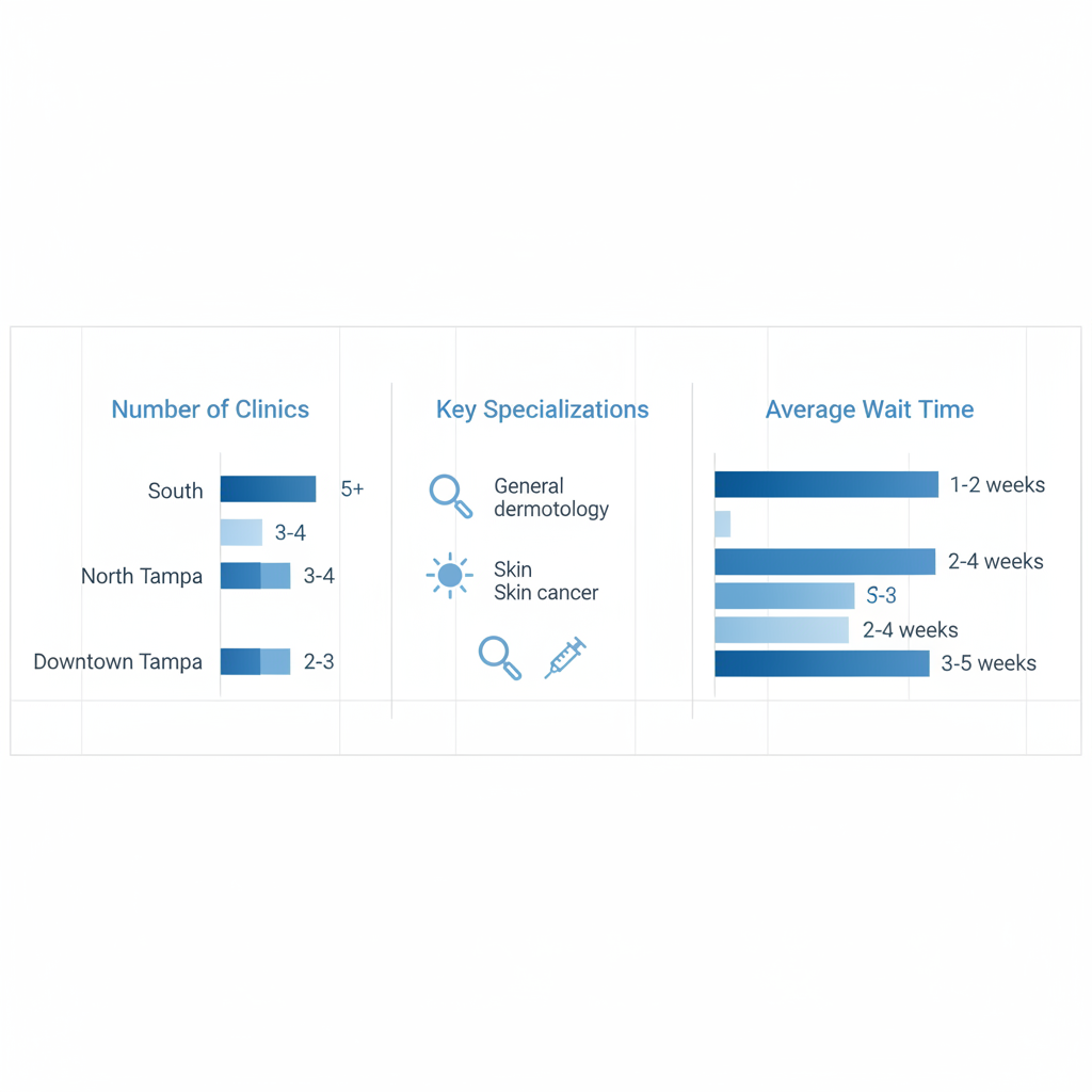 Horizontal bar chart comparing number of clinics, specializations, and wait times for dermatology in South Tampa, North Tampa, and Downtown Tampa.