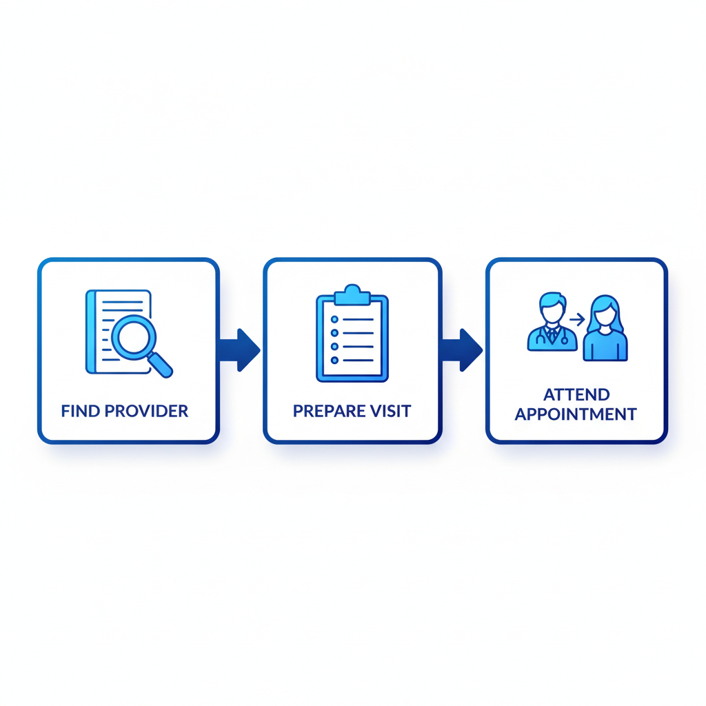 Horizontal process flow diagram showing three steps to access dermatology care: find provider, prepare visit, attend appointment.